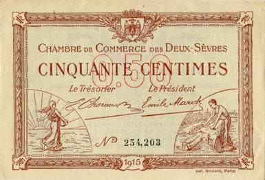 Billet de la Chambre de Commerce des Deux-S�vres (Niort) - 50 centimes - d�lib�ration du 30 septembre 1915 - n�&nbsp;254,203
