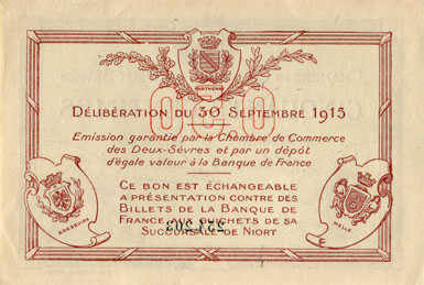 Billet de la Chambre de Commerce des Deux-S�vres (Niort) - 50 centimes - d�lib�ration du 30 septembre 1915 - n�&nbsp;254,203