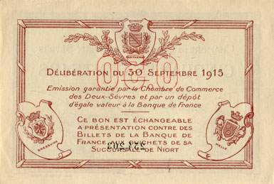 Billet de la Chambre de Commerce des Deux-S�vres (Niort) - 50 centimes - d�lib�ration du 30 septembre 1915 - n�&nbsp;254,203