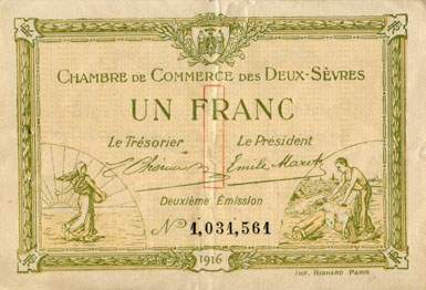 Billet de la Chambre de Commerce des Deux-S�vres (Niort) - 1 franc - d�lib�ration du 10 juillet 1916 - 2�me �mission - n� 1,031,581