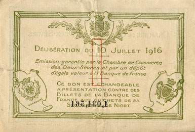 Billet de la Chambre de Commerce des Deux-S�vres (Niort) - 1 franc - d�lib�ration du 10 juillet 1916 - 2�me �mission - n� 1,031,581