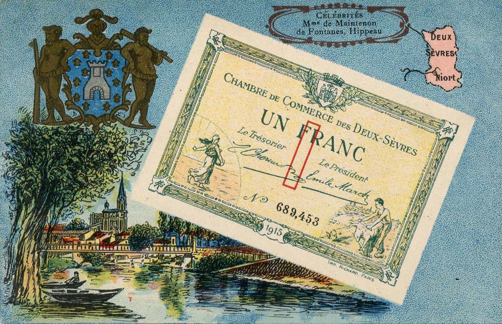 Carte postale reprs�entant un billet de 1 franc 1915 n� 689,453 de la Chambre de Commerce des Deux-S�vres