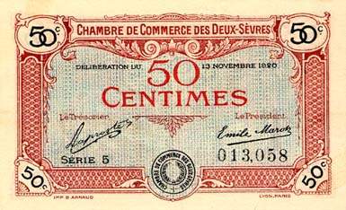 Billet de la Chambre de Commerce des Deux-S�vres (Niort) - 50 centimes - d�lib�ration du 13 novembre 1920 - 3�me �mission