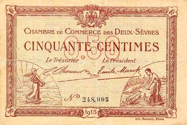 Billet de la Chambre de Commerce des Deux-S�vres (Niort) - 50 centimes - d�lib�ration du 30 septembre 1915 - n�&nbsp;248,995