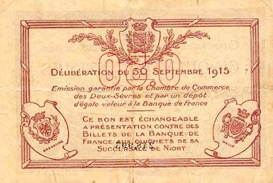 Billet de la Chambre de Commerce des Deux-S�vres (Niort) - 50 centimes - d�lib�ration du 30 septembre 1915 - n�&nbsp;248,995