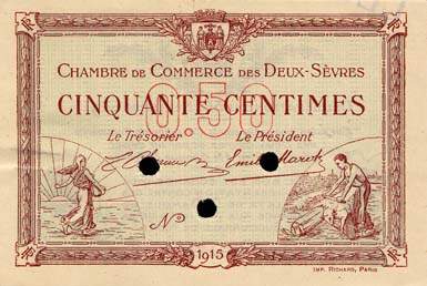 Billet de la Chambre de Commerce des Deux-S�vres (Niort) - 50 centimes - d�lib�ration du 30 septembre 1915 - sp�cimen