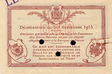 Billet de la Chambre de Commerce des Deux-S�vres (Niort) - 50 centimes - d�lib�ration du 30 septembre 1915 - sp�cimen