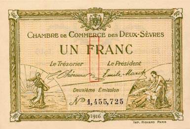 Billet de la Chambre de Commerce des Deux-S�vres (Niort) - 1 franc - d�lib�ration du 10 juillet 1916 - 2�me �mission - n� 1,455,725