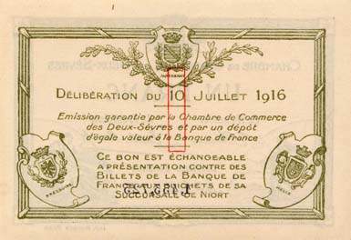 Billet de la Chambre de Commerce des Deux-S�vres (Niort) - 1 franc - d�lib�ration du 10 juillet 1916 - 2�me �mission - n� 1,455,725