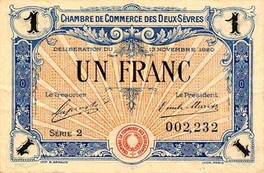 Billet de la Chambre de Commerce des Deux-S�vres (Niort) - 1 franc - d�lib�ration du 13 novembre 1920 - 3�me �mission