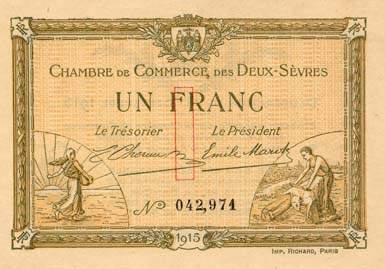 Billet de la Chambre de Commerce des Deux-S�vres (Niort) - 1 franc - d�lib�ration du 30 septembre 1915 - n�&nbsp;042,971