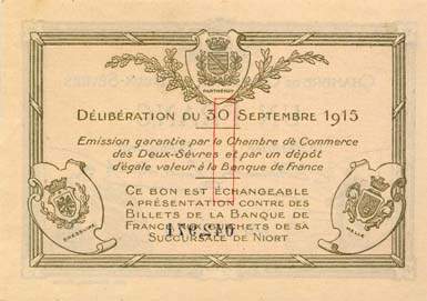 Billet de la Chambre de Commerce des Deux-S�vres (Niort) - 1 franc - d�lib�ration du 30 septembre 1915 - n�&nbsp;042,971