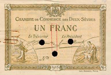 Billet de la Chambre de Commerce des Deux-S�vres (Niort) - 1 franc - d�lib�ration du 30 septembre 1915 - sp�cimen