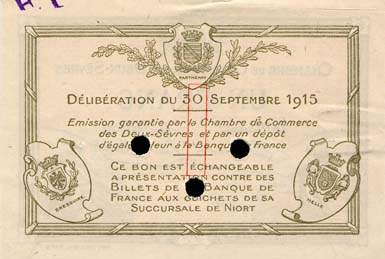 Billet de la Chambre de Commerce des Deux-S�vres (Niort) - 1 franc - d�lib�ration du 30 septembre 1915 - sp�cimen