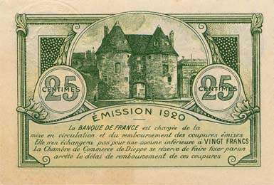 Billet de la Chambre de Commerce de Dieppe - 25 centimes - �mission 1920 - sans filigrane