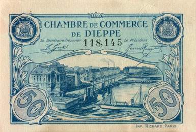 Billet de la Chambre de Commerce de Dieppe - 50 centimes - �mission 1920 - sans filigrane - n� 118,145