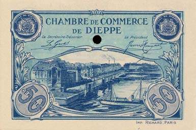 Billet de la Chambre de Commerce de Dieppe - 50 centimes - émission 1920 - sans filigrane - spécimen