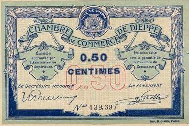 Billet de la Chambre de Commerce de Dieppe - 50 centimes - sans date - sans filigrane - timbre sec - n�139397