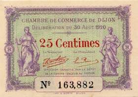 Billet de la Chambre de Commerce de Dijon - 25 centimes - d�lib�ration du 30 ao�t 1920 - n�163,882