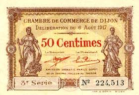 Billet de la Chambre de Commerce de Dijon - 50 centimes - d�lib�ration du 6 ao�t 1917