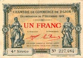 Billet de la Chambre de Commerce de Dijon - 1 franc - d�lib�ration du 1er d�cembre 1919
