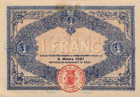 Billet de la Chambre de Commerce de Dijon - 1 franc - d�lib�ration du 6 mars 1916