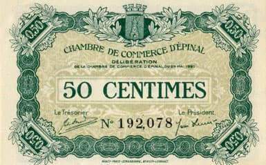Billet de la Chambre de Commerce d'Epinal - 50 centimes - d�lib�ration du 29 mai 1920 - num�ro 192,078 - num�rotation noire