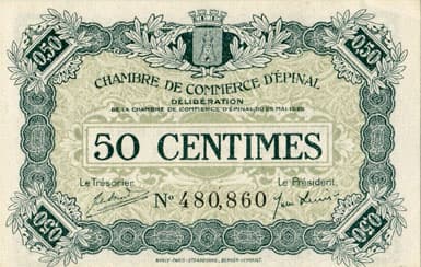 Billet de la Chambre de Commerce d'Epinal - 50 centimes - d�lib�ration du 29 mai 1920 - num�ro 480,860 - num�rotation noire