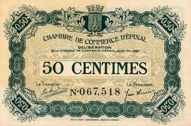 Billet de la Chambre de Commerce d'Epinal - 50 centimes - d�lib�ration du 29 mai 1920 - num�ro 067,518 - num�rotation noire