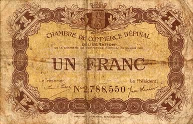 Billet de la Chambre de Commerce d'Epinal - 1 franc - d�lib�ration du 25 juin 1921