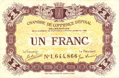 Billet de la Chambre de Commerce d'Epinal - 1 franc - d�lib�ration du 29 mai 1920 - premier chiffre imprim�