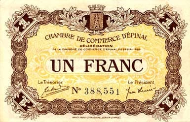 Billet de la Chambre de Commerce d'Epinal - 1 franc - d�lib�ration du 29 mai 1920 - num�rotation noire