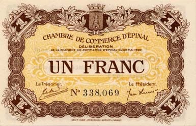 Billet de la Chambre de Commerce d'Epinal - 1 franc - d�lib�ration du 29 mai 1920 - num�rotation noire
