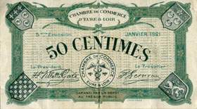 Billet de la Chambre de Commerce d'Eure-et-Loir (Chartres) - 50 centimes - 5ème émission - janvier 1921