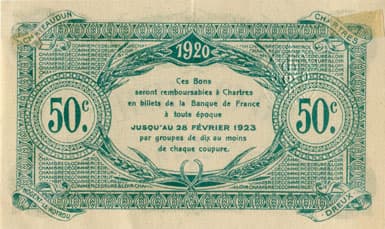 Billet de la Chambre de Commerce d'Eure-et-Loir (Chartres) - 50 centimes - 3�me �mission - mars 1920