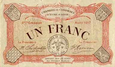 Billet de la Chambre de Commerce d'Eure-et-Loir (Chartres) - 1 franc - 2�me �mission - avril 1917