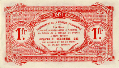 Billet de la Chambre de Commerce d'Eure-et-Loir (Chartres) - 1 franc - 5�me �mission - janvier 1921