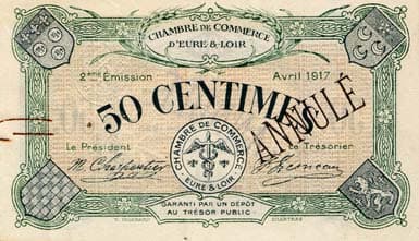 Billet de la Chambre de Commerce d'Eure-et-Loir (Chartres) - 50 centimes - 2�me �mission - avril 1917 - sp�cimen anul�