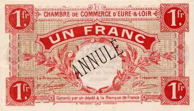 Billet de la Chambre de Commerce d'Eure-et-Loir (Chartres) - 1 franc - Emis le 1er octobre 1915 - sp�cimen annul�