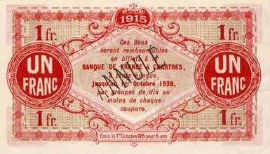Billet de la Chambre de Commerce d'Eure-et-Loir (Chartres) - 1 franc - Emis le 1er octobre 1915 - sp�cimen annul�