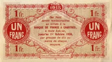 Billet de la Chambre de Commerce d'Eure-et-Loir (Chartres) - 1 franc - Emis le 1er octobre 1915 - fond brun