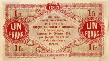 Billet de la Chambre de Commerce d'Eure-et-Loir (Chartres) - 1 franc - Emis le 1er octobre 1915 - fond brun