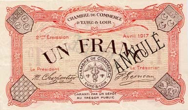 Billet de la Chambre de Commerce d'Eure-et-Loir (Chartres) - 1 franc - 2�me �mission - avril 1917 - sp�cimen annul�