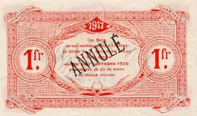 Billet de la Chambre de Commerce d'Eure-et-Loir (Chartres) - 1 franc - 2�me �mission - avril 1917 - sp�cimen annul�