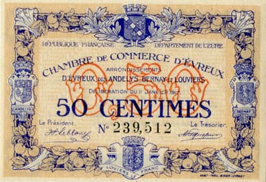 Billet de la Chambre de Commerce d'Evreux - 50 centimes - d�lib�ration du 11 janvier 1917