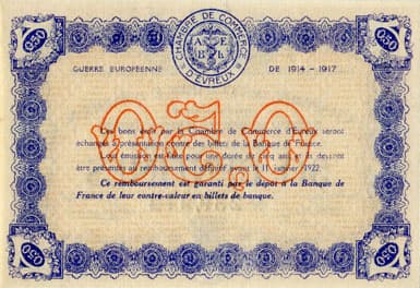Billet de la Chambre de Commerce d'Evreux - 50 centimes - d�lib�ration du 11 janvier 1917