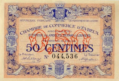 Billet de la Chambre de Commerce d'Evreux - 50 centimes - d�lib�ration du 6 mai 1916