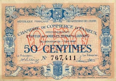 Billet de la Chambre de Commerce d'Evreux - 50 centimes - d�lib�ration du 7 juin 1920