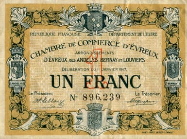 Billet de la Chambre de Commerce d'Evreux - 1 franc - d�lib�ration du 11 janvier 1917 - n� 896,239