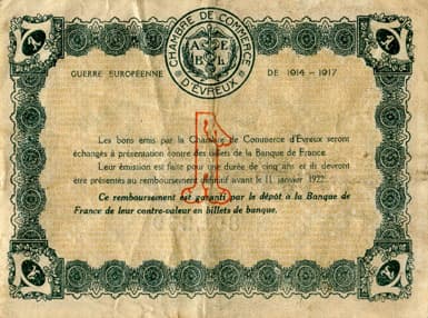 Billet de la Chambre de Commerce d'Evreux - 1 franc - d�lib�ration du 11 janvier 1917 - n� 896,239